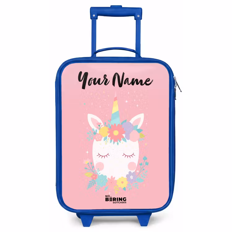 Children's suitcase with name - Blue - Unicorn - Flowers - Pink — 1