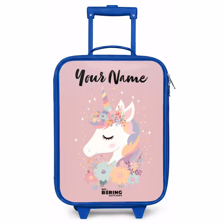 Children's suitcase with name - Blue - Unicorn - Pink - Flowers — 1