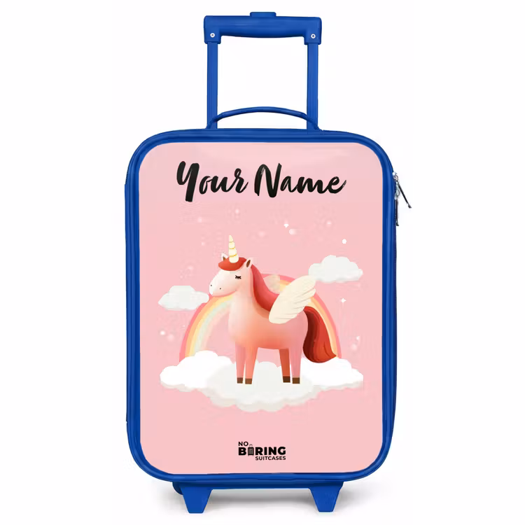 Children's suitcase with name - Blue - Unicorn - Wings - Pink - Rainbow — 1