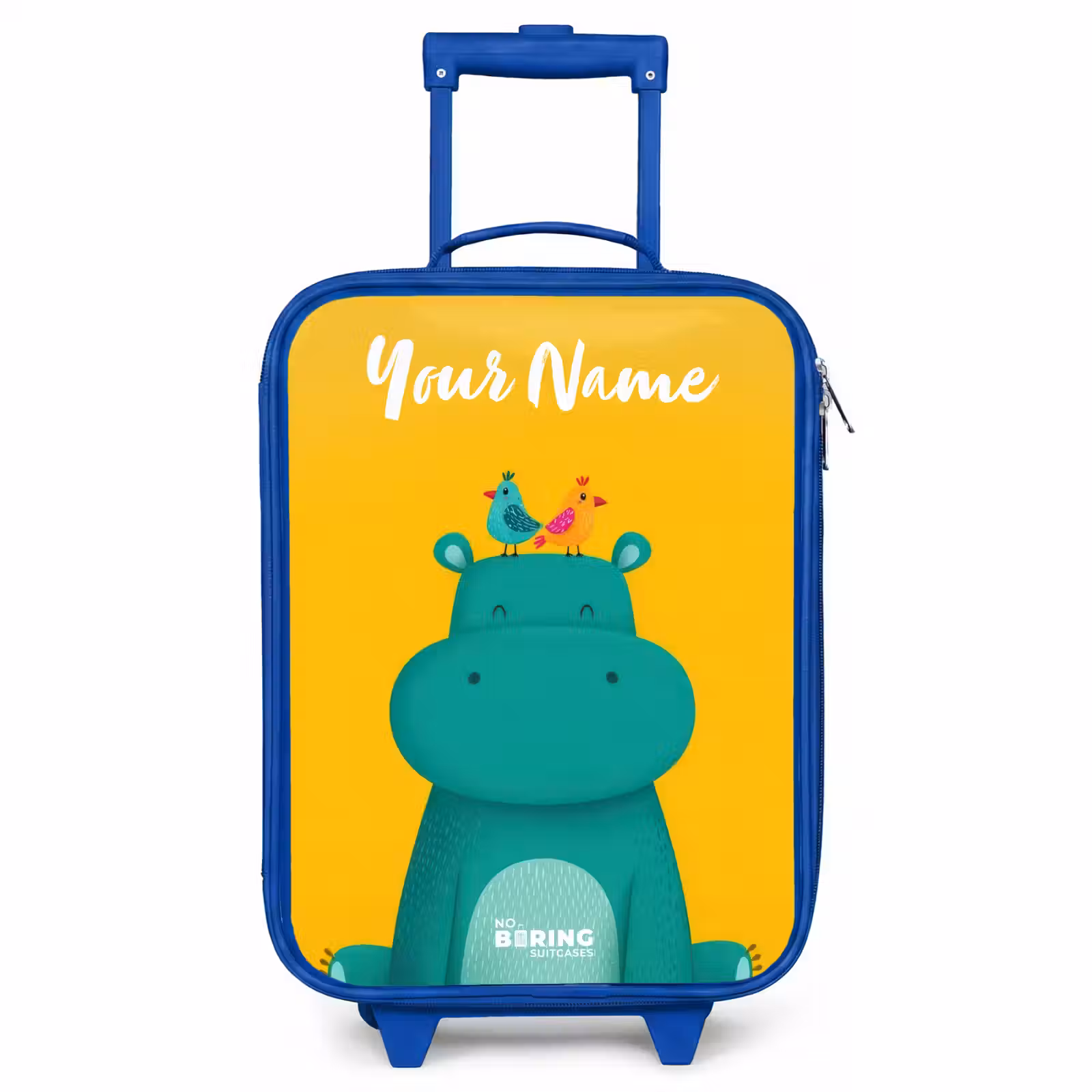 Children's suitcase with name - Blue - Hippo - Birds - Yellow — 1