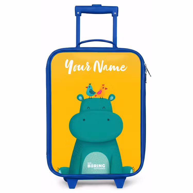 Children's suitcase with name - Blue - Hippo - Birds - Yellow — 1