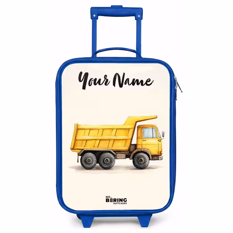 Children's suitcase with name - Blue - Dump truck - Signed - Yellow — 1