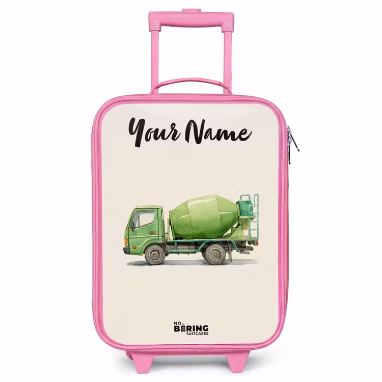 Children's suitcase with name - Pink - Concrete mixer - Signed - Green — 1