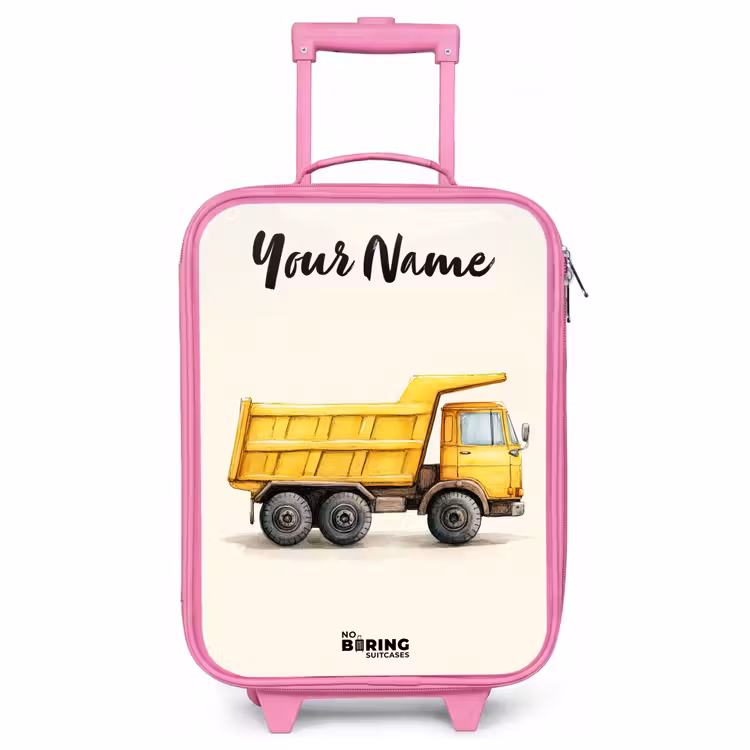 Children's suitcase with name - Pink - Dump truck - Signed - Yellow — 1