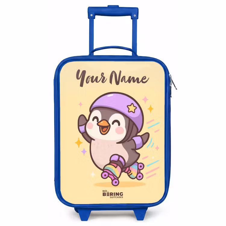 Children's suitcase with name - Blue - Kawai - Penguin - Roller skates — 1