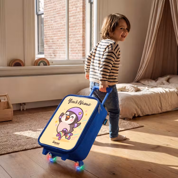 Children's suitcase with name - Blue - Kawai - Penguin - Roller skates — 2