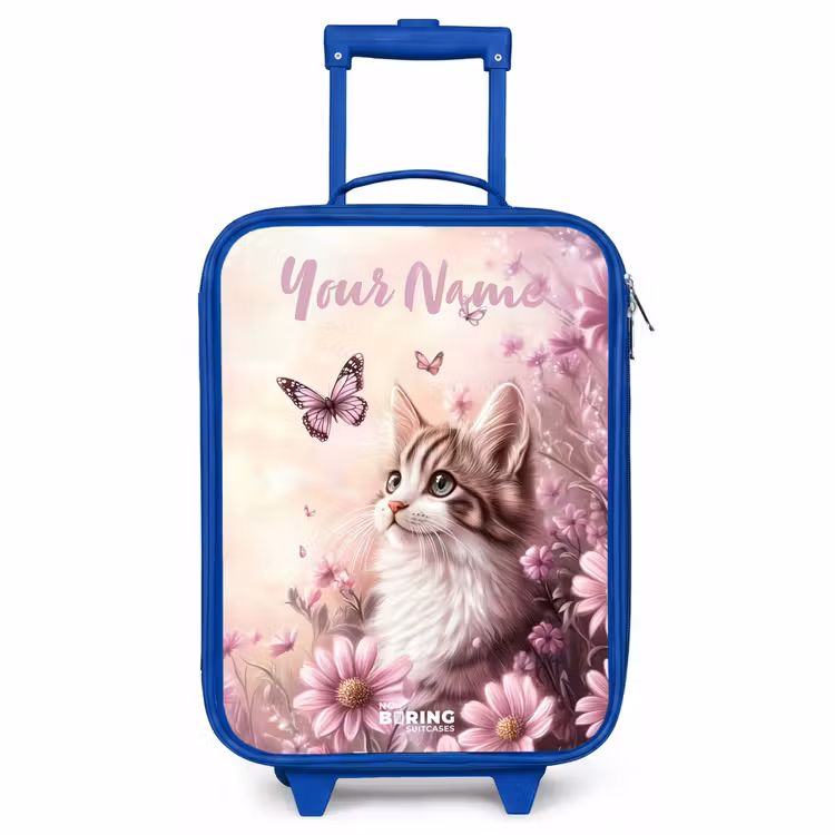Children's suitcase with name - Blue - Kitten - Butterflies - Purple - Flowers — 1
