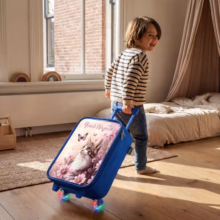 Children's suitcase with name - Blue - Kitten - Butterflies - Purple - Flowers — 2