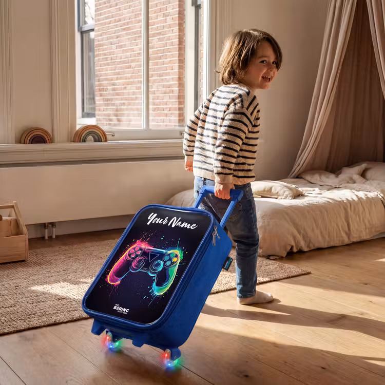 Children's suitcase with name - Blue - Neon - Controller - Paint splashes - Game — 2