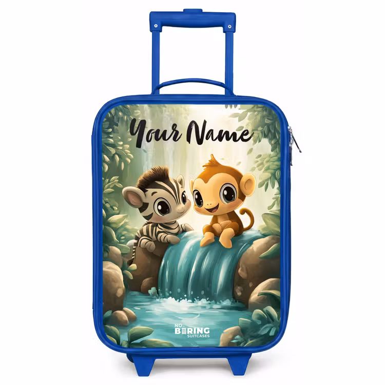 Children's suitcase with name - Blue - Zebra - Monkey - Waterfall - Rocks — 1