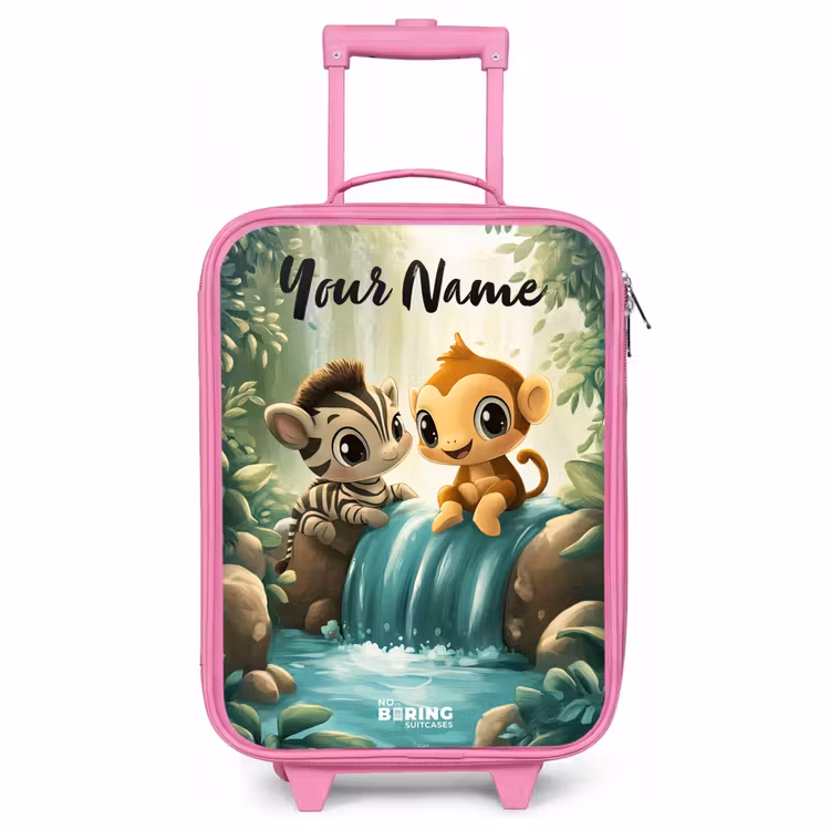 Children's suitcase with name - Pink - Zebra - Monkey - Waterfall - Rocks — 1