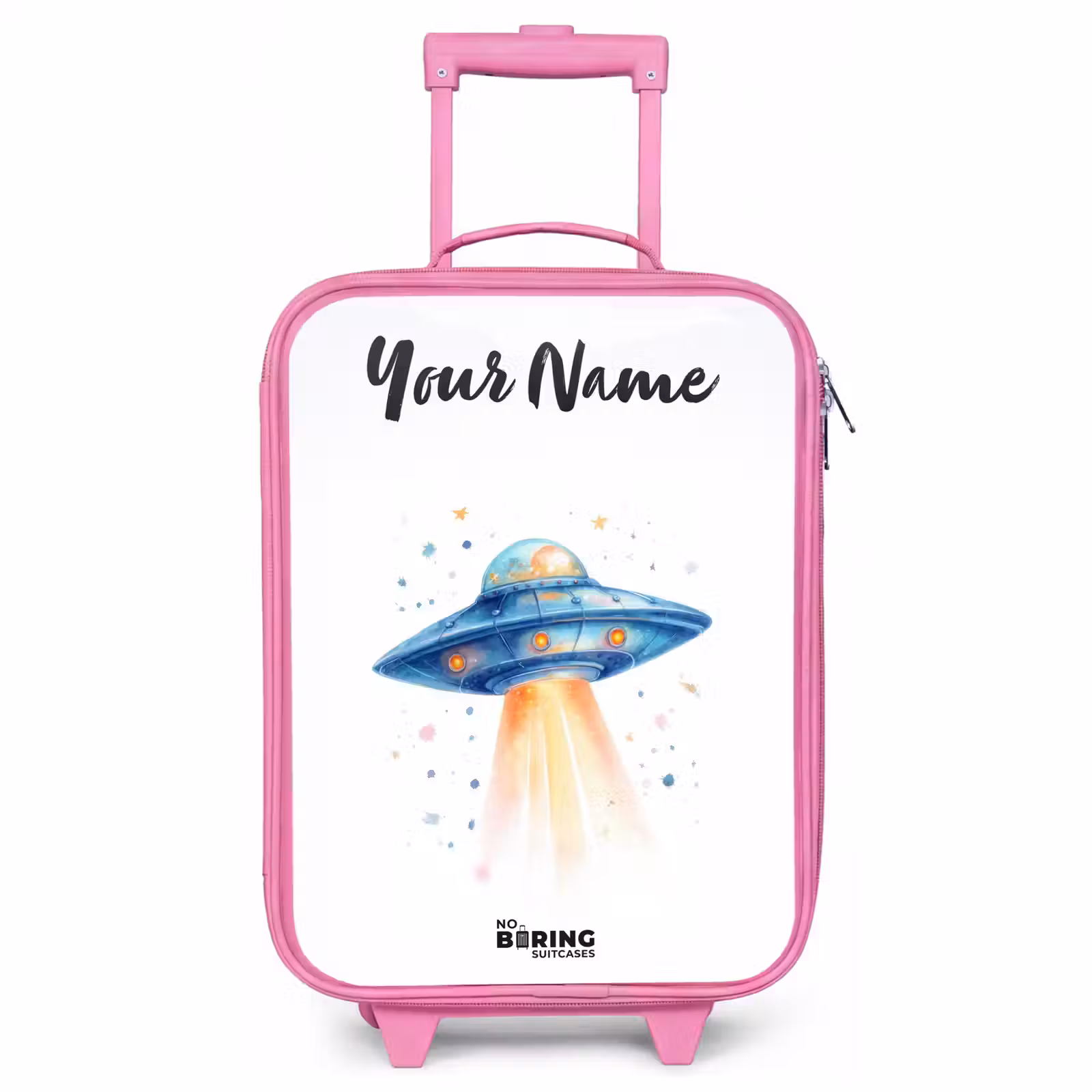 Children's suitcase with name - Pink - Blue spaceship with beam of light — 1