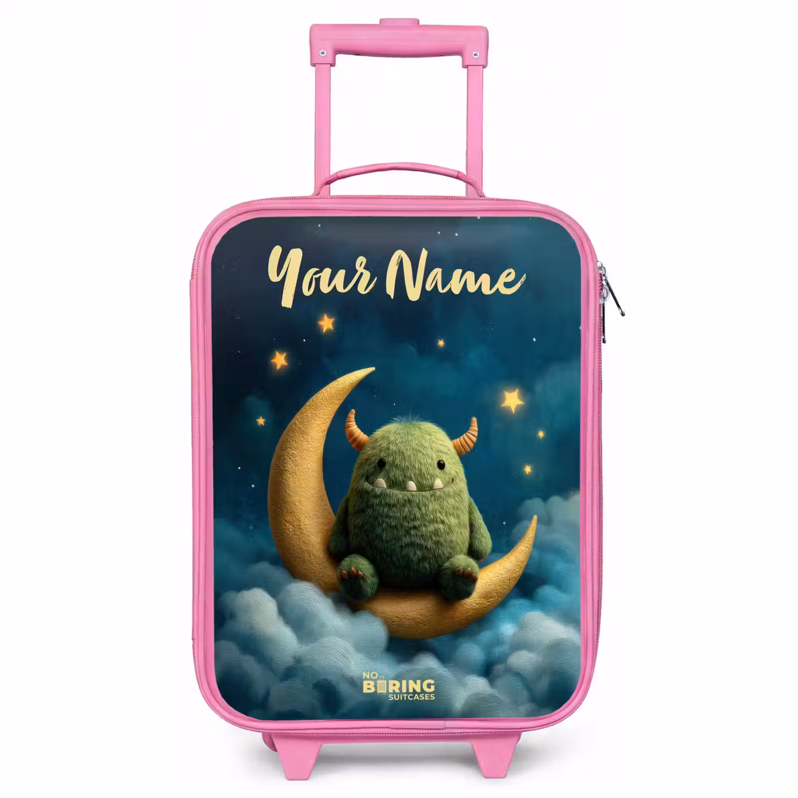 Children's suitcase with name - Pink - Green monster on crescent moon — 1