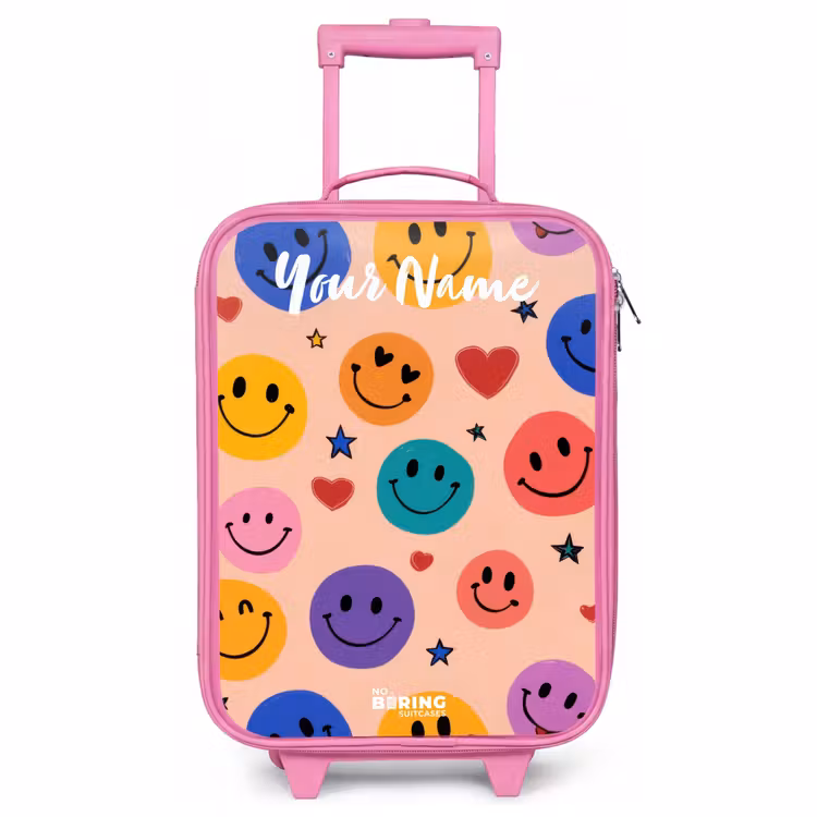 Children's suitcase with name - Pink - Cheerful Smiley Pattern — 1