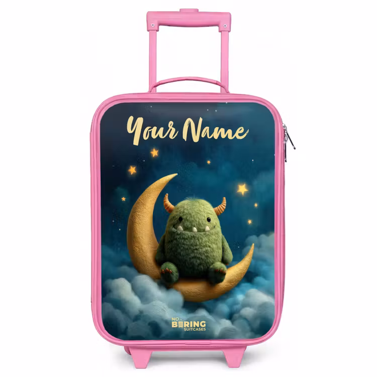 Children's suitcase with name - Pink - Green monster on crescent moon — 1