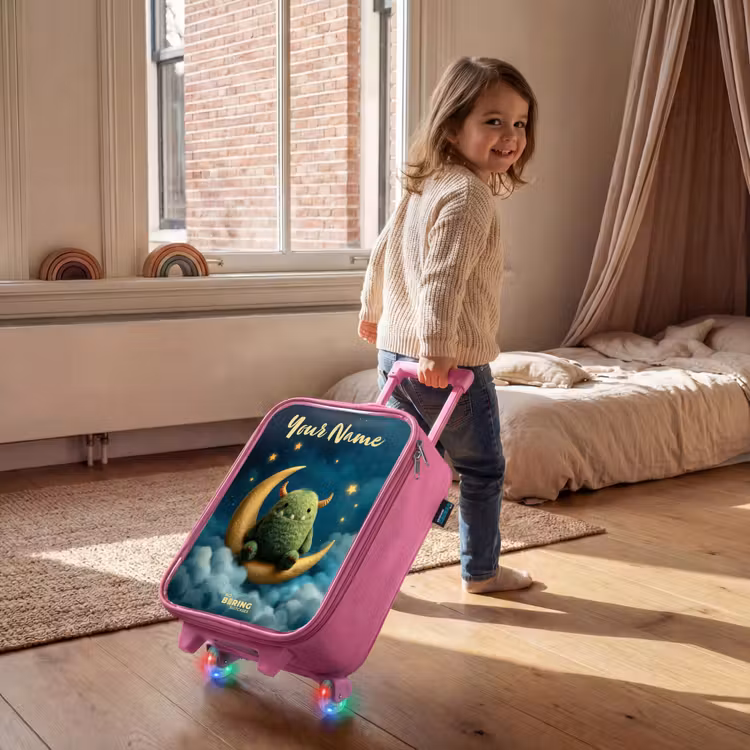Children's suitcase with name - Pink - Green monster on crescent moon — 2