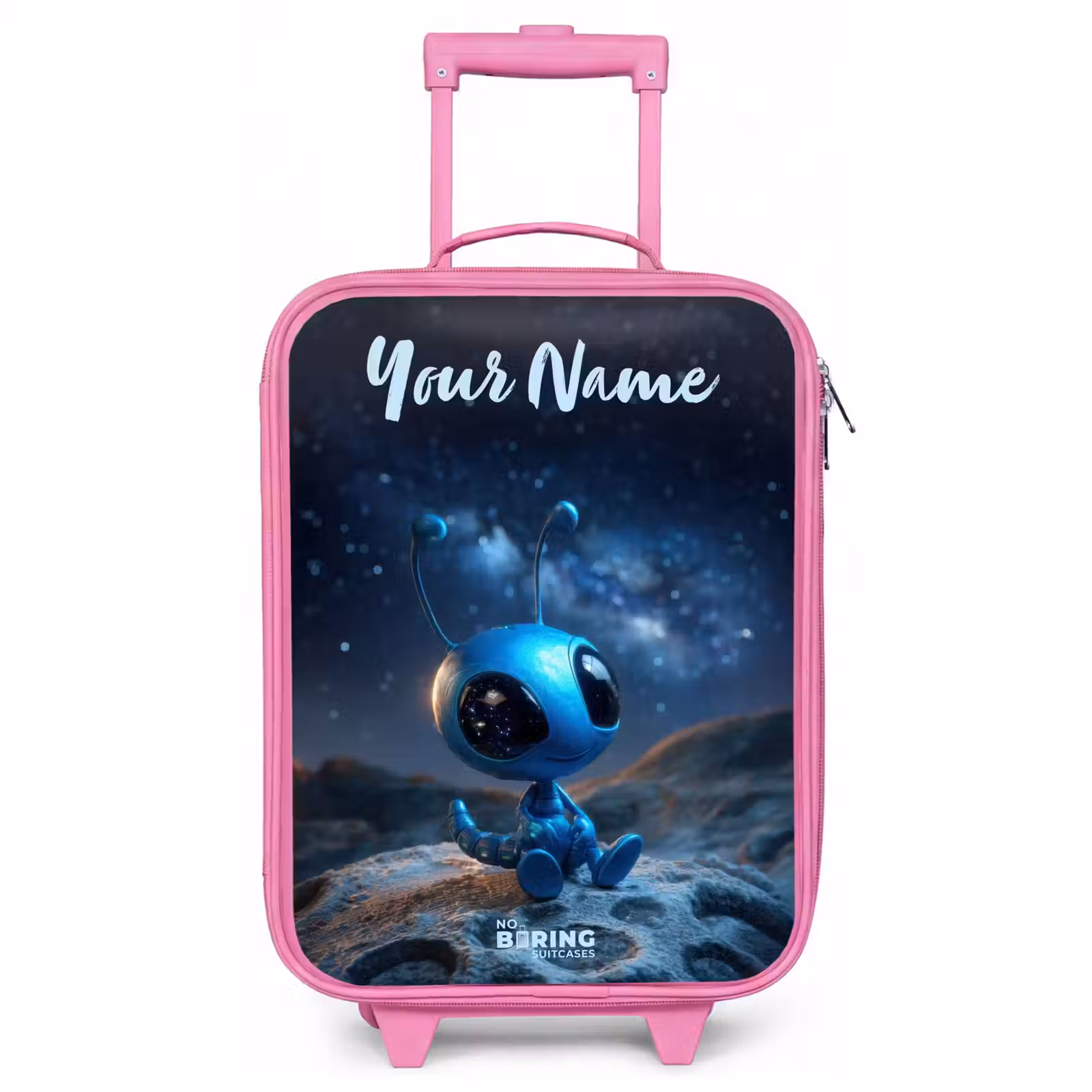 Children's suitcase with name - Pink - Blue alien creature under starry sky — 1