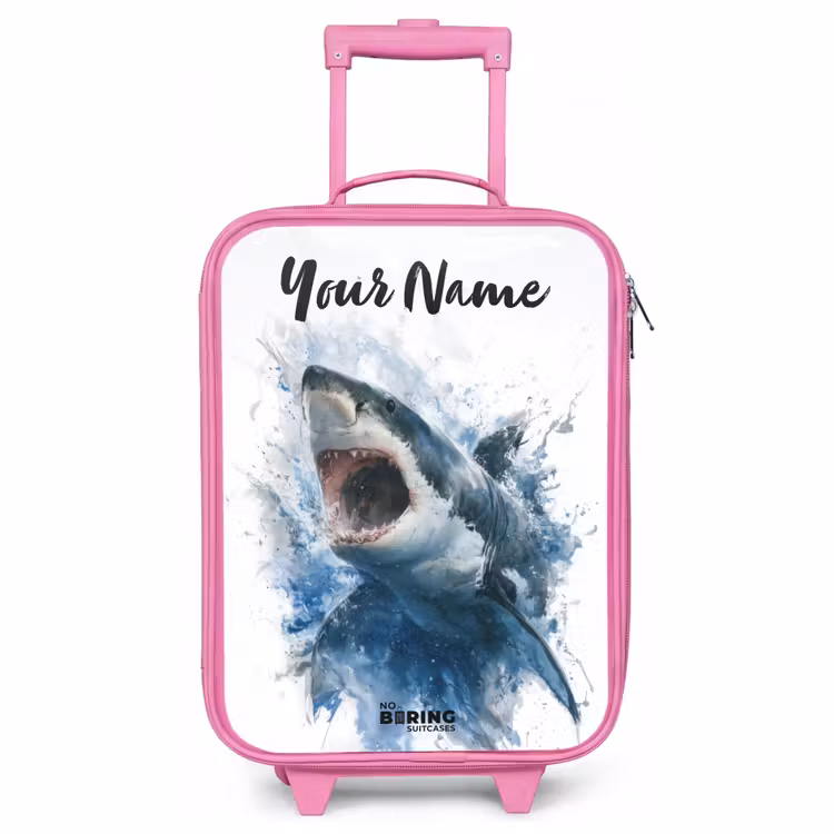 Children's suitcase with name - Pink - Attacking shark in watercolor — 1