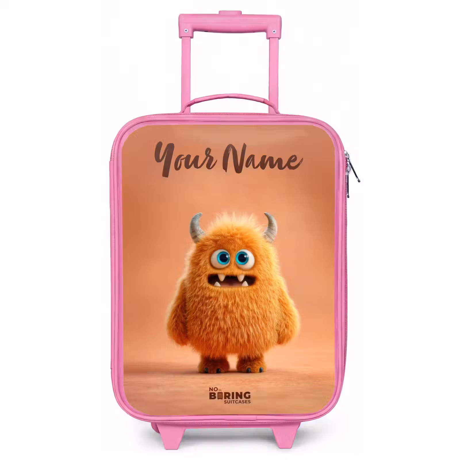 Children's suitcase with name - Pink - Orange Fluffy Monster with Horns — 1