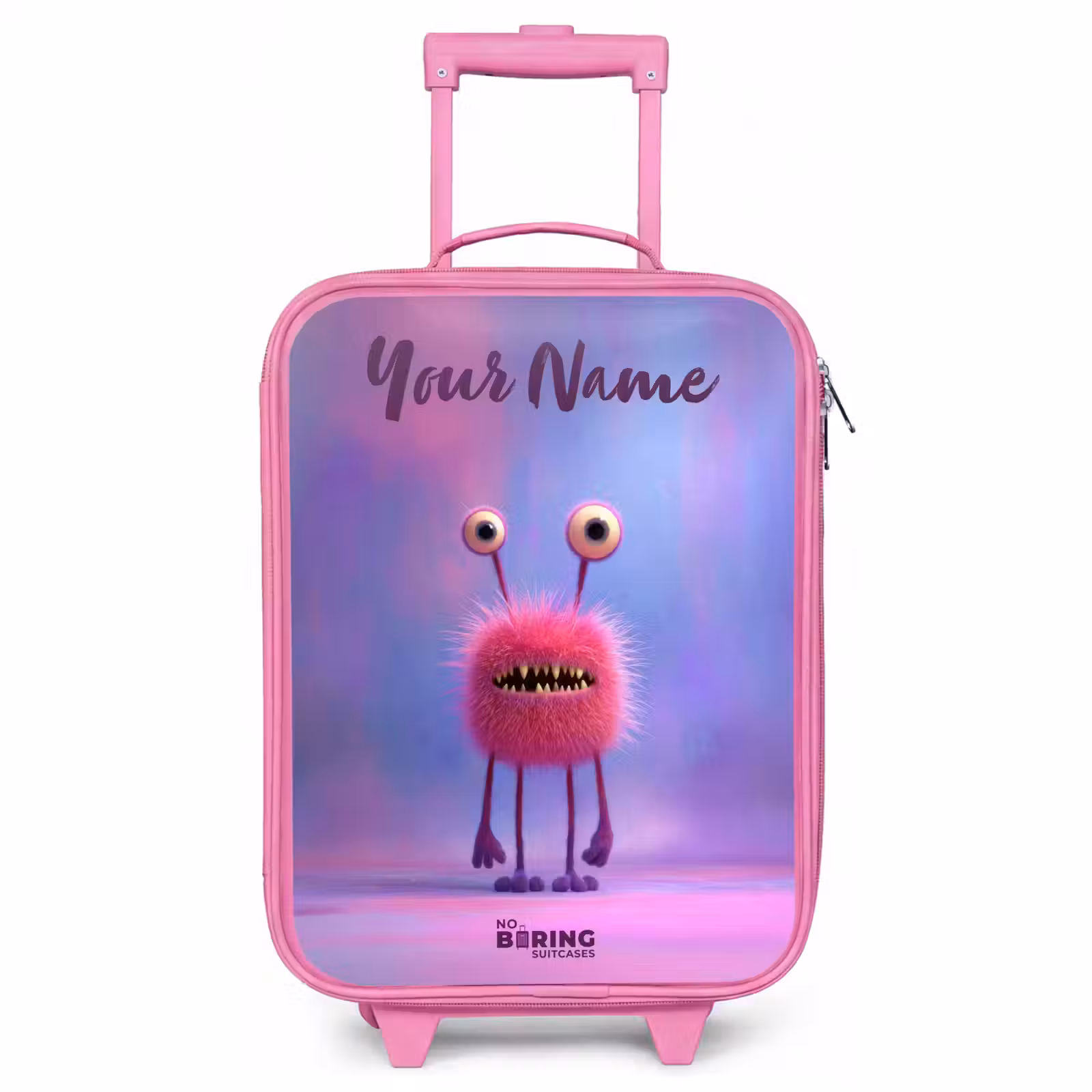 Children's suitcase with name - Pink - Pink furry monster with big eyes — 1