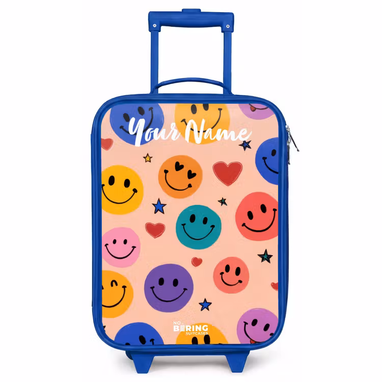 Children's suitcase with name - Blue - Cheerful Smiley Pattern — 1