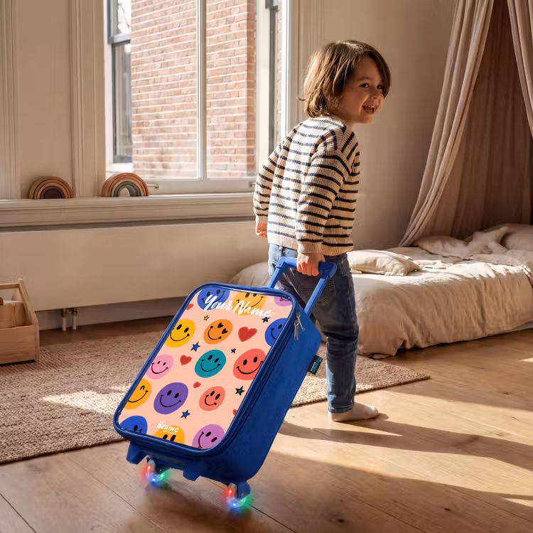 Children's suitcase with name - Blue - Cheerful Smiley Pattern — 2