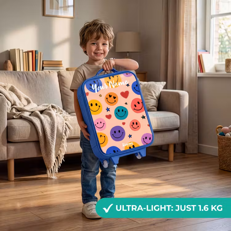 Children's suitcase with name - Blue - Cheerful Smiley Pattern — 3