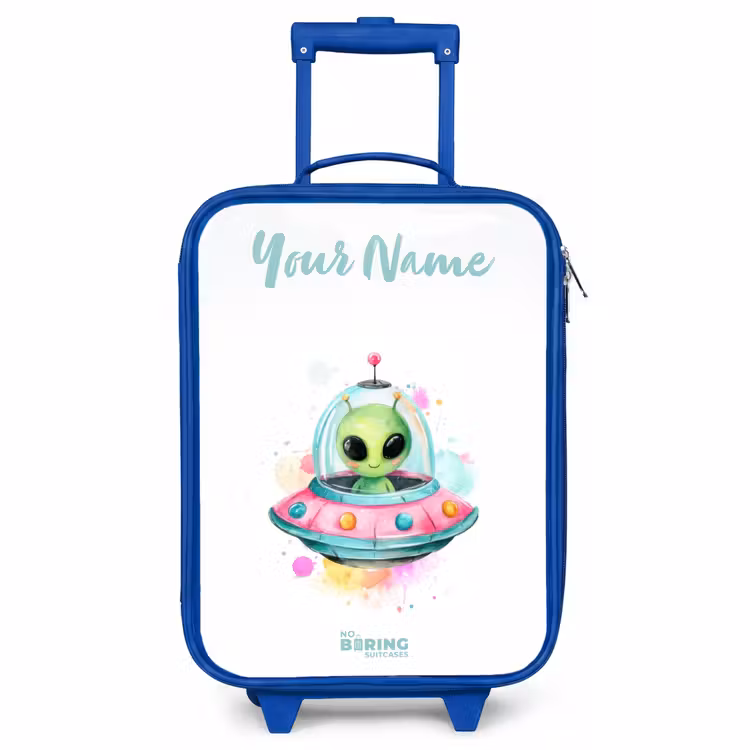 Children's suitcase with name - Blue - Green alien in colorful UFO — 1