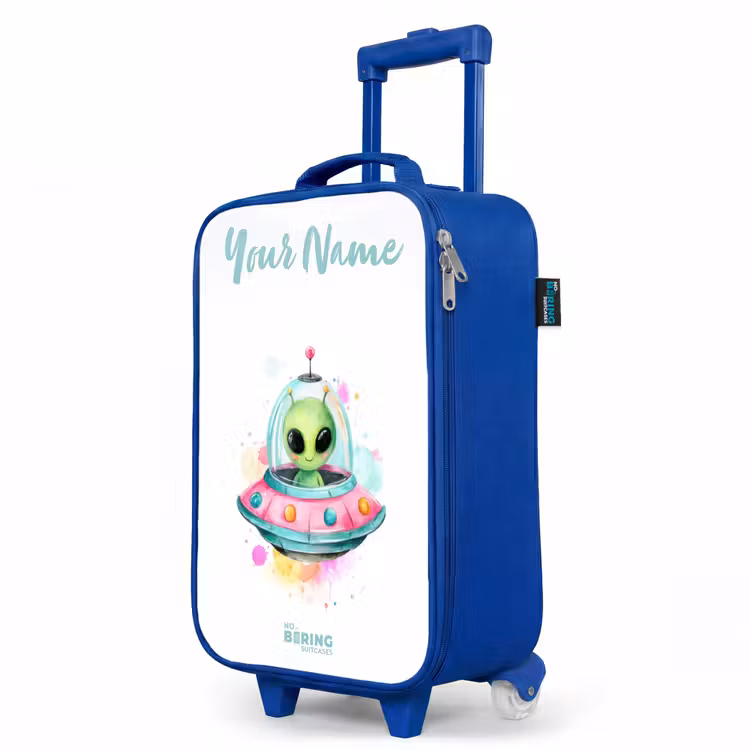 Children's suitcase with name - Blue - Green alien in colorful UFO — 5