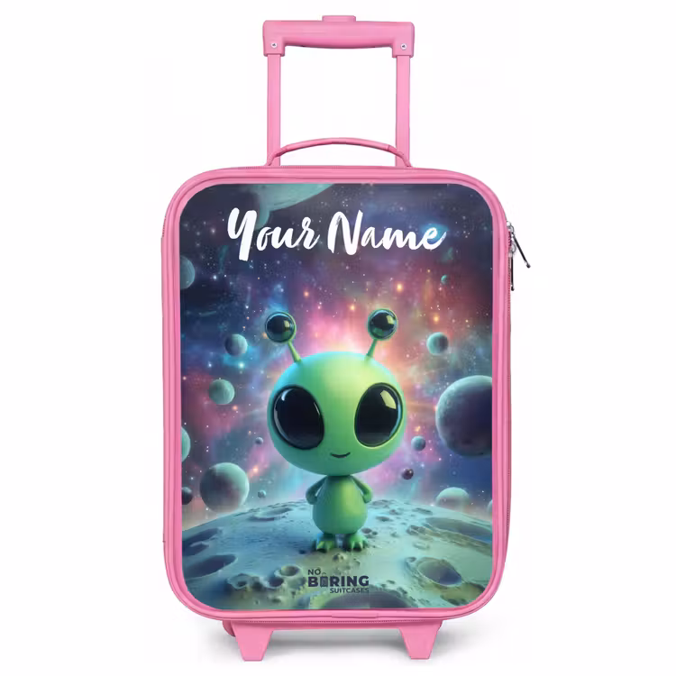 Children's suitcase with name - Pink - Green alien creature on lunar landscape — 1