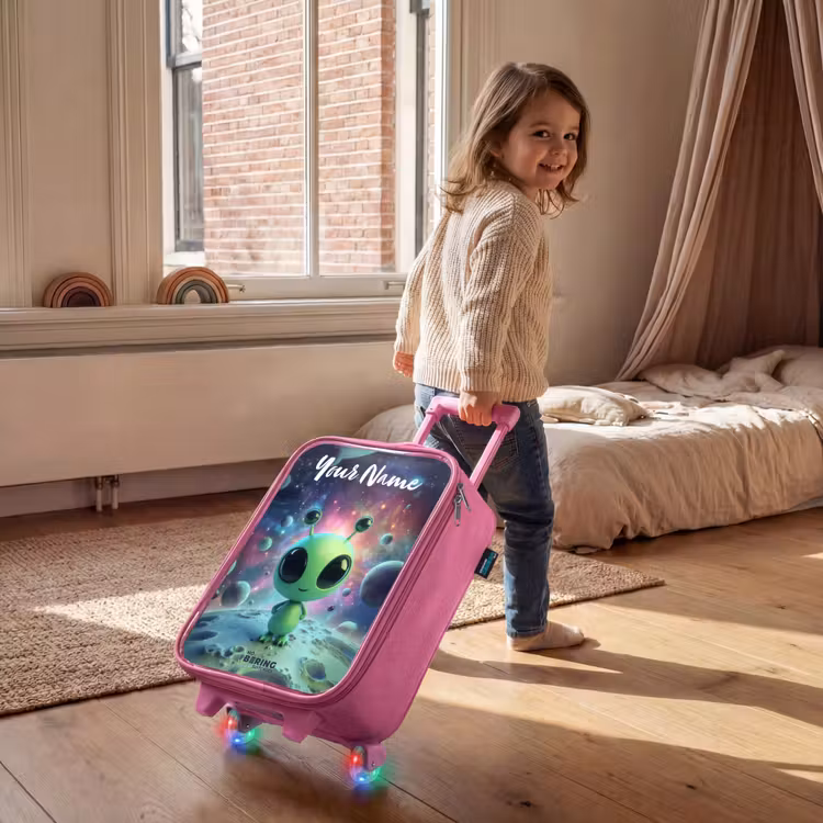 Children's suitcase with name - Pink - Green alien creature on lunar landscape — 2