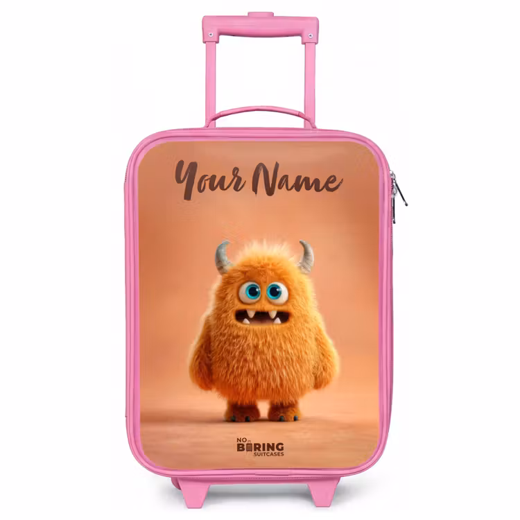 Children's suitcase with name - Pink - Orange Fluffy Monster with Horns — 1