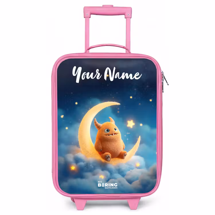 Children's suitcase with name - Pink - Orange monster on crescent moon — 1