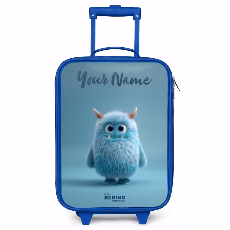 Children's suitcase with name - Blue - Blue fluffy monster with horns — 1