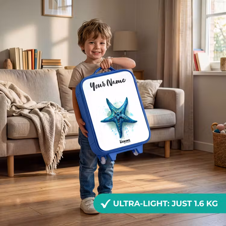 Children's suitcase with name - Blue - Blue Starfish on White Background — 3