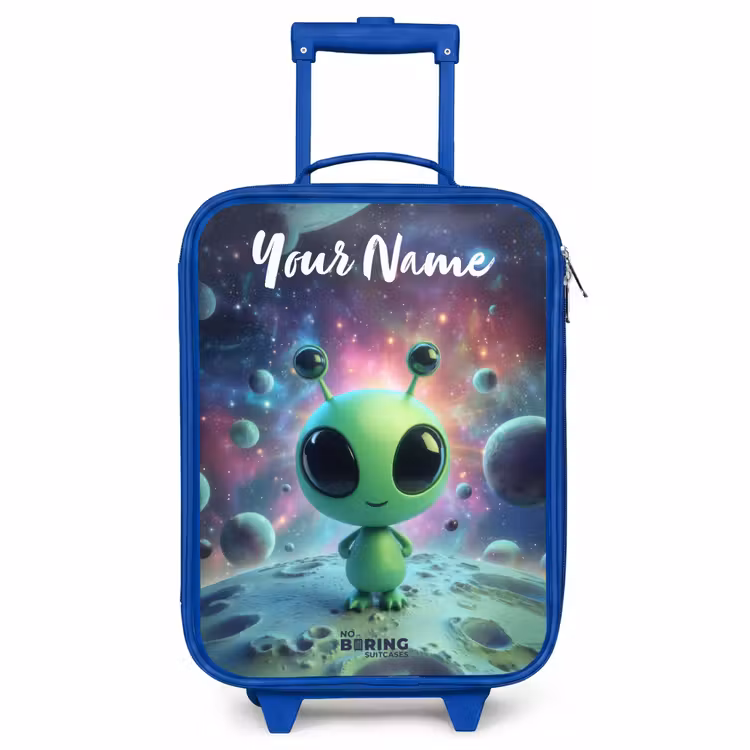Children's suitcase with name - Blue - Green alien creature on lunar landscape — 1