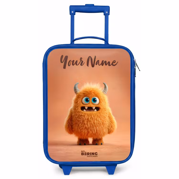 Children's suitcase with name - Blue - Orange Fluffy Monster with Horns — 1