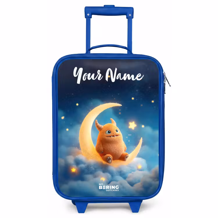 Children's suitcase with name - Blue - Orange monster on crescent moon — 1