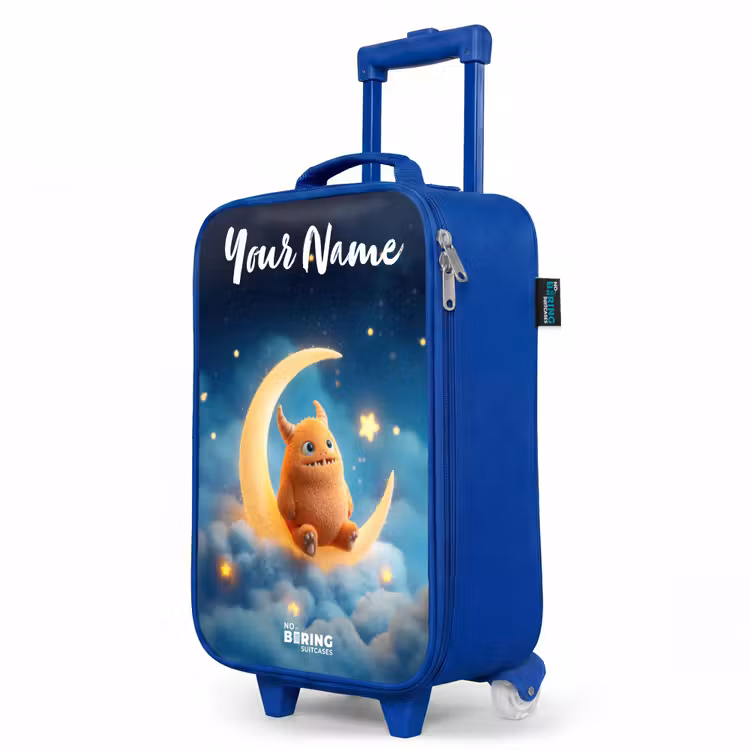 Children's suitcase with name - Blue - Orange monster on crescent moon — 5