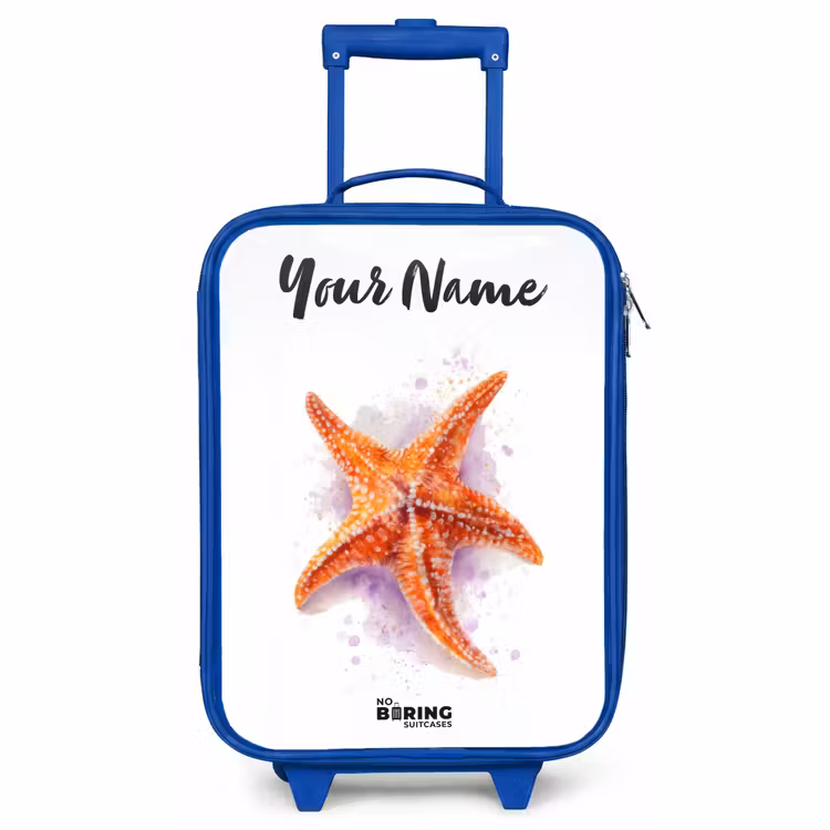 Children's suitcase with name - Blue - Orange Starfish Illustration — 1