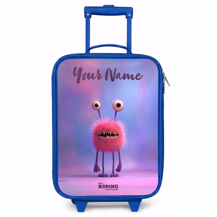 Children's suitcase with name - Blue - Pink furry monster with big eyes — 1
