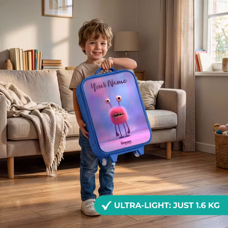 Children's suitcase with name - Blue - Pink furry monster with big eyes — 3