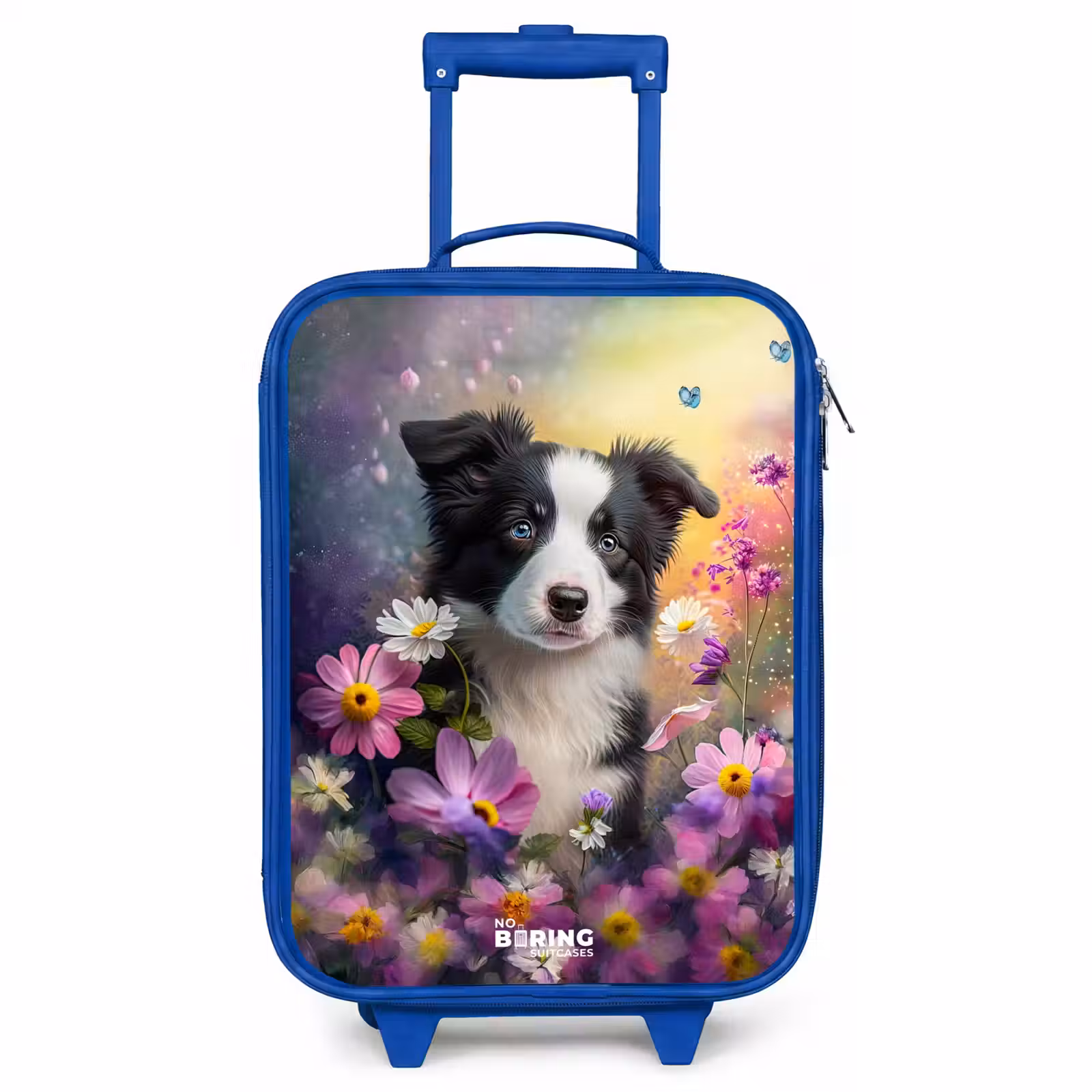 Children's suitcase - Blue - black and white puppy among colorful flowers — 1