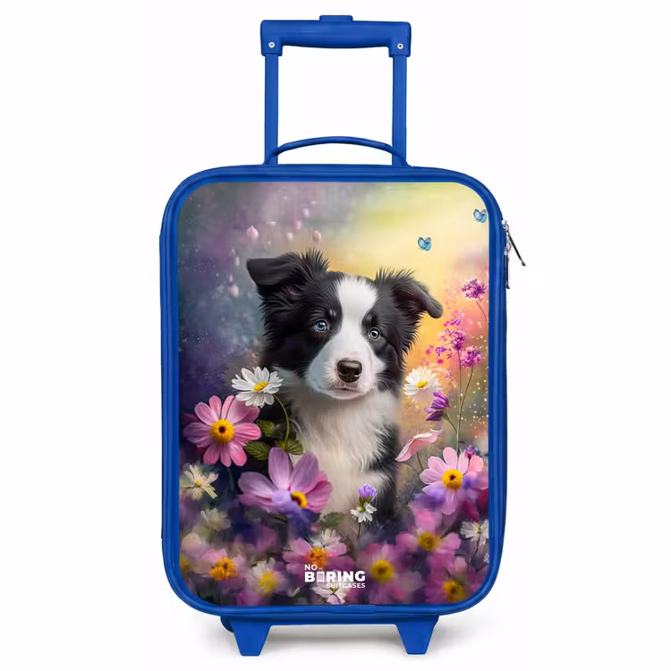 Children's suitcase - Blue - black and white puppy among colorful flowers — 1