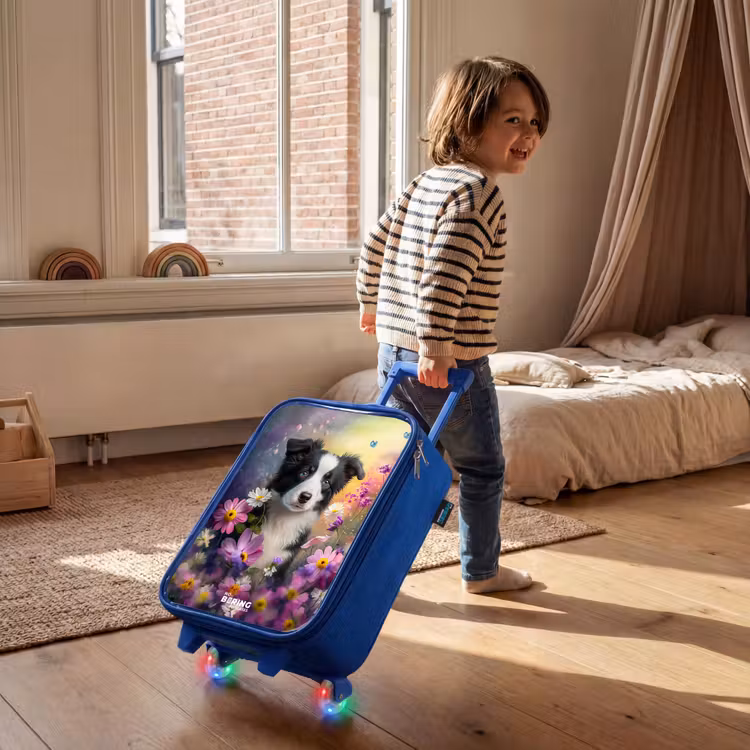 Children's suitcase - Blue - black and white puppy among colorful flowers — 2