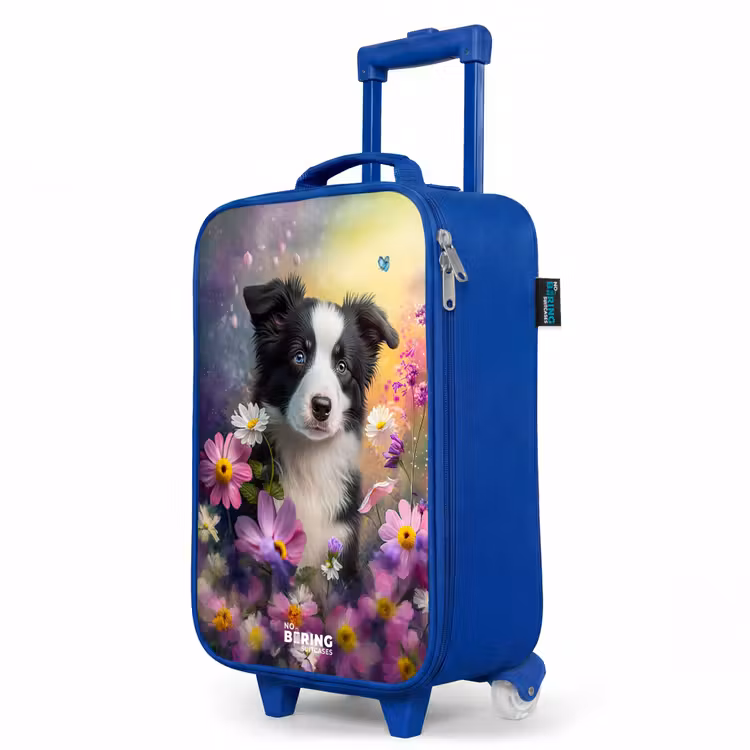 Children's suitcase - Blue - black and white puppy among colorful flowers — 5