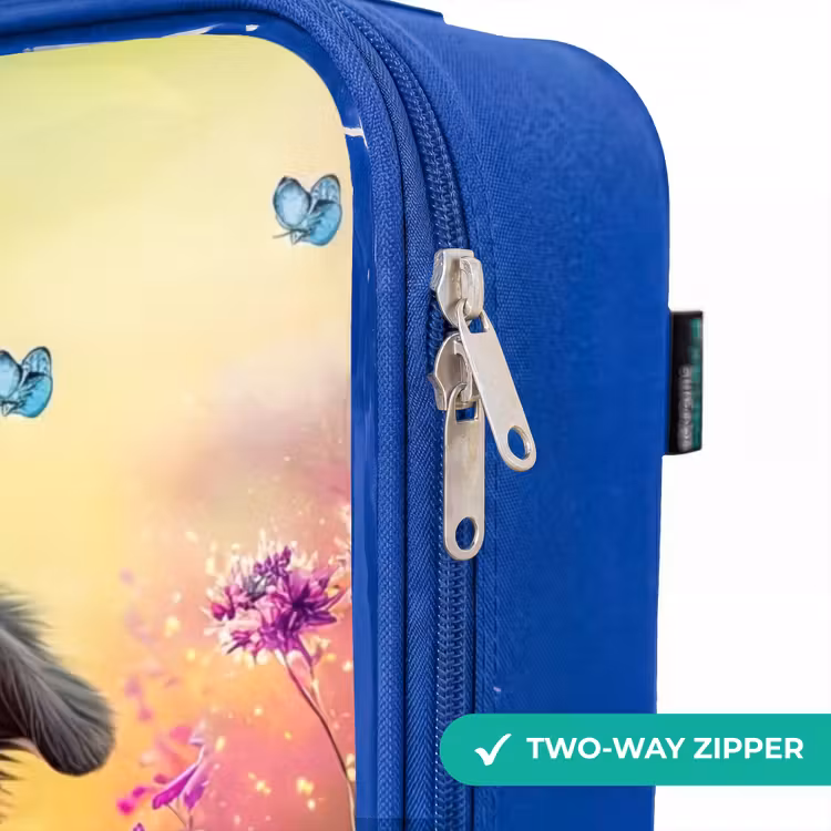Children's suitcase - Blue - black and white puppy among colorful flowers — 6