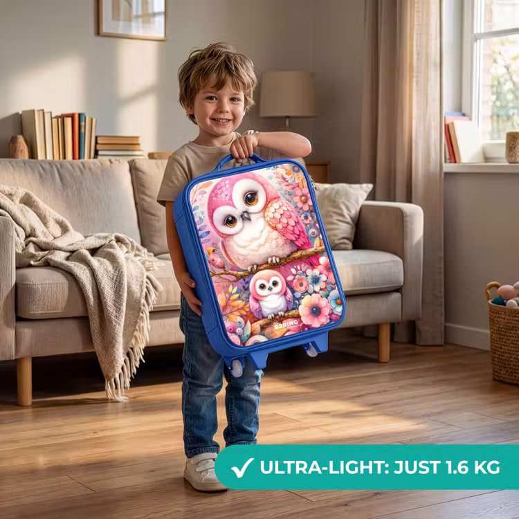 Children's suitcase - Blue - Mother owl with chick among colorful flowers — 3