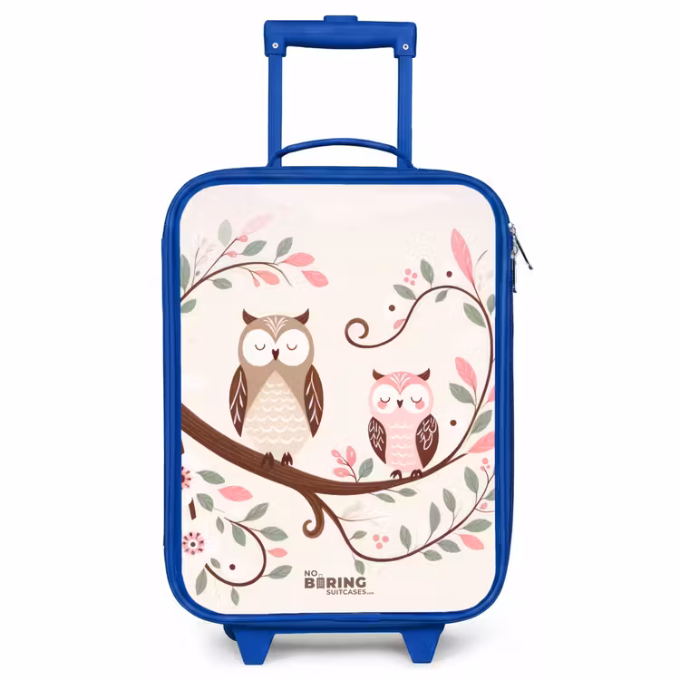 Children's suitcase - Blue - Two owls on a branch with pink and green leaves — 1