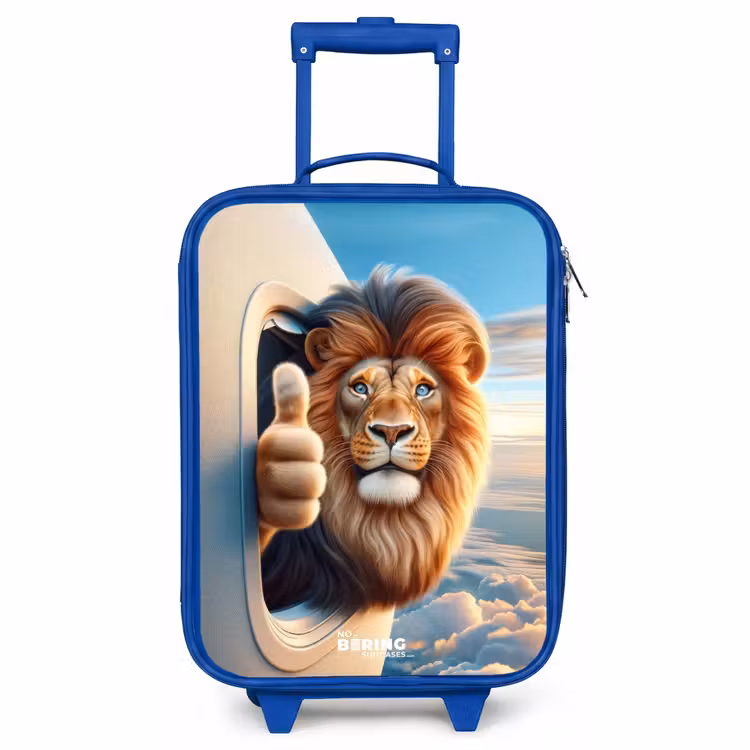 Children's suitcase - Blue - Lion out an airplane window with his thumb up — 1